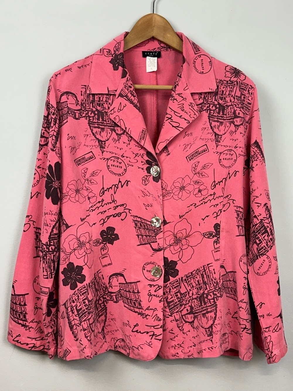 Comfy USA Pink Paris France Travel Print Lightweight Cotton Blazer Sz S